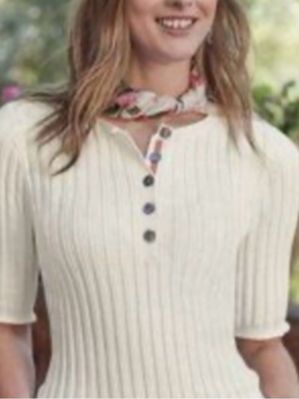 Sundance Organic Cotton Ribbed Henley Lettuce Edge Top Cream Off-White Size L